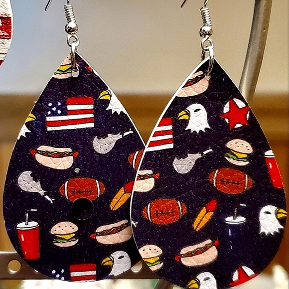 American print leather teardrop earrings with silver hooks & rubber backs. - Picture 2 of 3